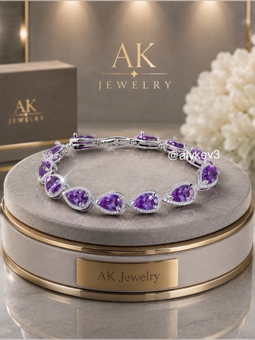 💎LUXURY WHITE GOLD BRACELET Teardrop Purple CZ Water Drop Tennis, 14 Pave